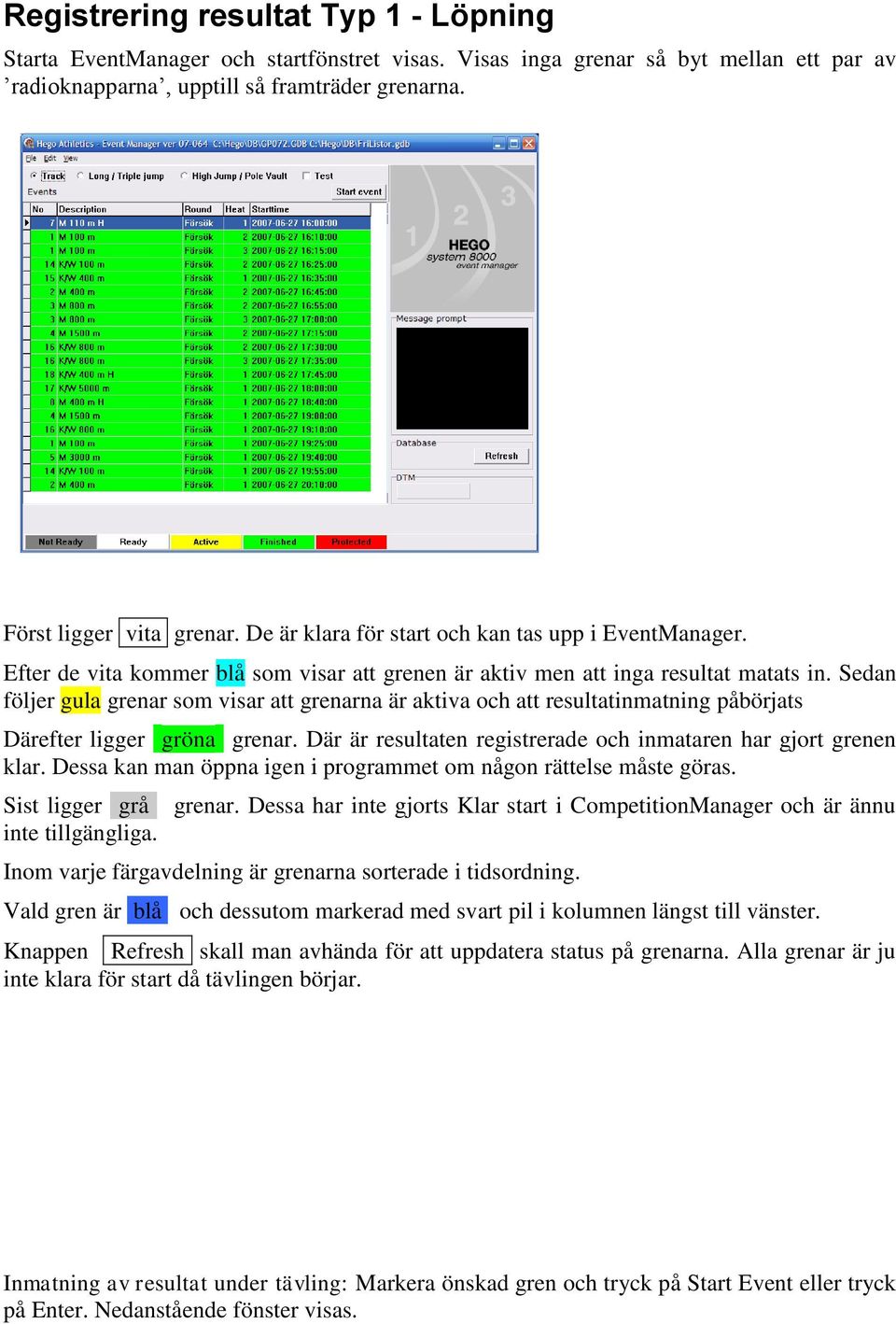 Sedan följer gula grenar som visar att grenarna är aktiva och att resultatinmatning påbörjats Därefter ligger gröna grenar. Där är resultaten registrerade och inmataren har gjort grenen klar.