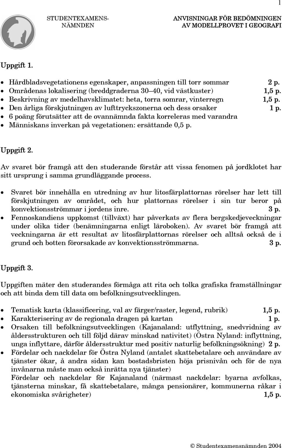 Den årliga förskjutningen av lufttryckszonerna och dess orsaker 1 p. 6 poäng förutsätter att de ovannämnda fakta korreleras med varandra Människans inverkan på vegetationen: ersättande 0,5 p.