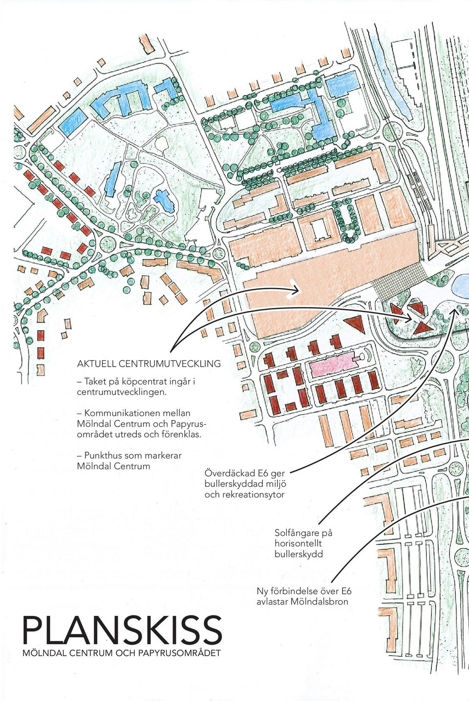 Punkthus som markerar Mölndal Centrum Överdäckad E6 ger bullerskyddad miljö och