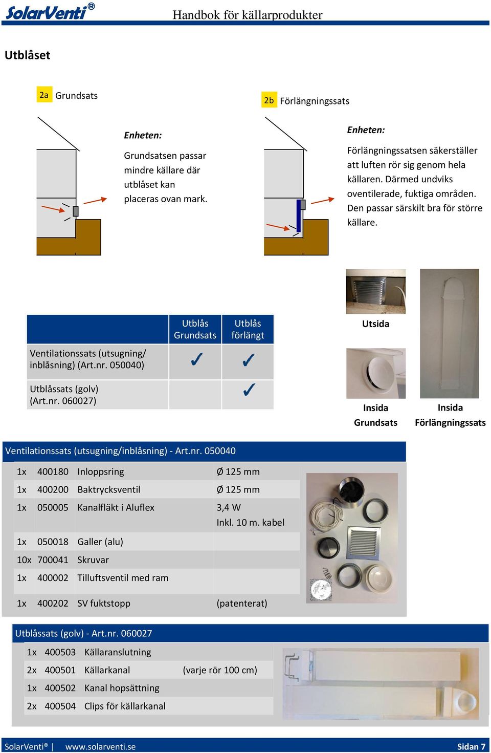 Ventilationssats (utsugning/ inblåsning) (Art.nr. 050040) Utblås Grundsats Utblås förlängt Utsida Utblåssats (golv) (Art.nr. 060027) Insida Grundsats Insida Förlängningssats Ventilationssats (utsugning/inblåsning) Art.