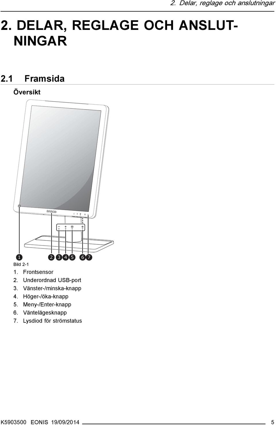 Underordnad USB-port 3. Vänster-/minska-knapp 4. Höger-/öka-knapp 5.