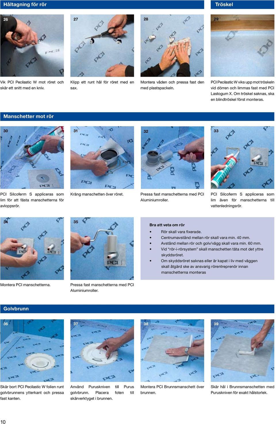 Manschetter mot rör 30 31 32 33 PCI Silcoferm S appliceras som lim för att fästa manschetterna för avloppsrör. Kräng manschetten över röret. Pressa fast manschetterna med PCI Aluminiumroller.