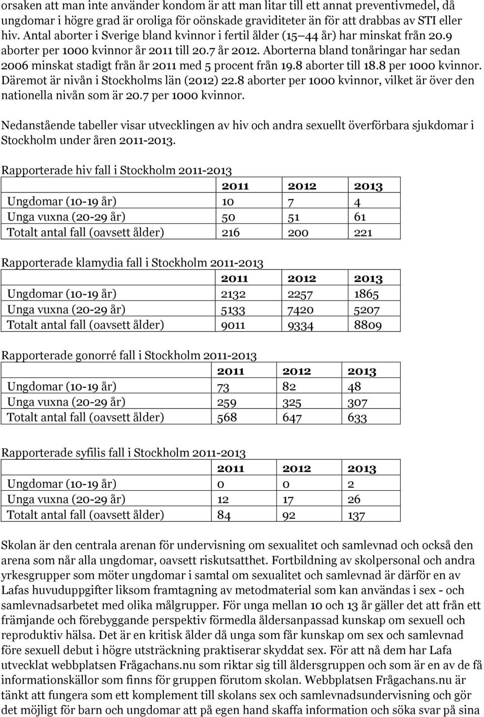 Aborterna bland tonåringar har sedan 2006 minskat stadigt från år 2011 med 5 procent från 19.8 aborter till 18.8 per 1000 kvinnor. Däremot är nivån i Stockholms län (2012) 22.