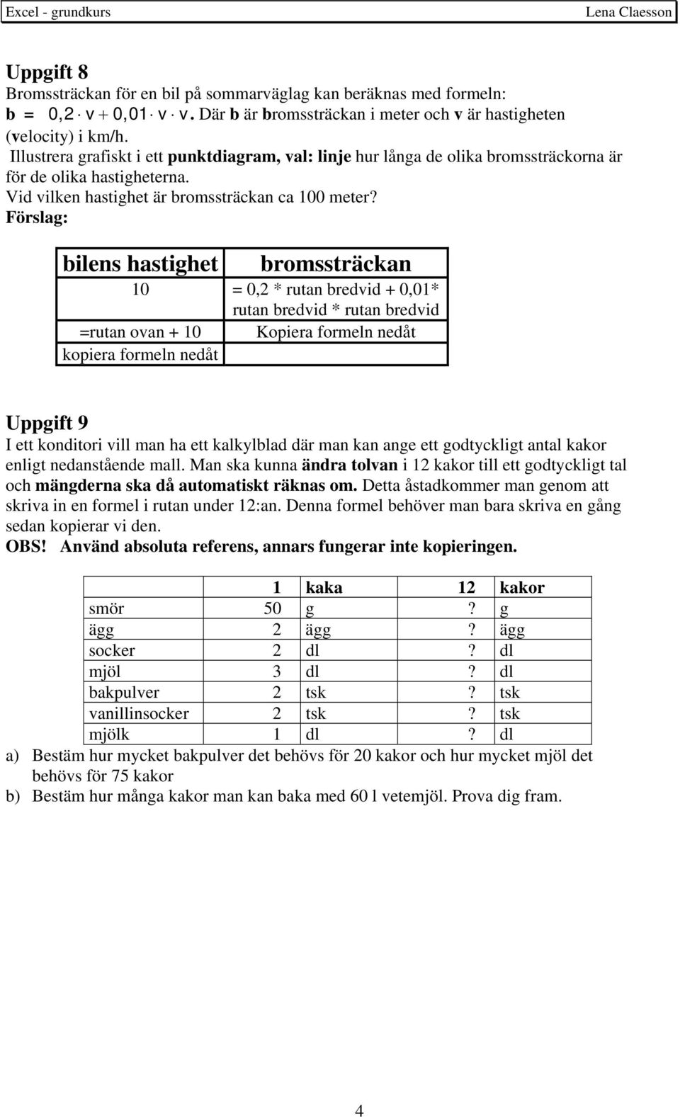 Förslag: bilens hastighet bromssträckan 10 = 0,2 * rutan bredvid + 0,01* rutan bredvid * rutan bredvid =rutan ovan + 10 Kopiera formeln nedåt kopiera formeln nedåt Uppgift 9 I ett konditori vill man