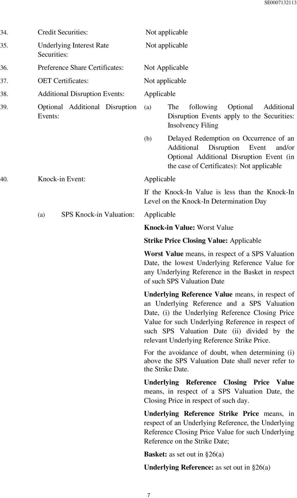 Knock-in Event: Applicable (a) The following Optional Additional Disruption Events apply to the Securities: Insolvency Filing (b) (a) SPS Knock-in Valuation: Applicable Delayed Redemption on