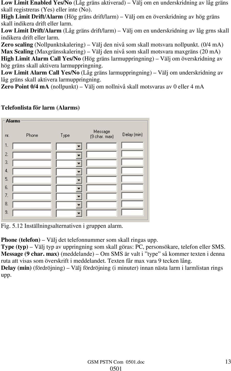 Low Limit Drift/Alarm (Låg gräns drift/larm) Välj om en underskridning av låg grns skall indikera drift eller larm. Zero scaling (Nollpunktskalering) Välj den nivå som skall motsvara nollpunkt.