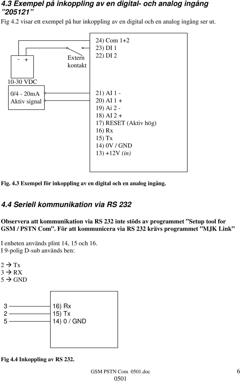 4.3 Exempel för inkoppling av en digital och en analog ingång. 4.