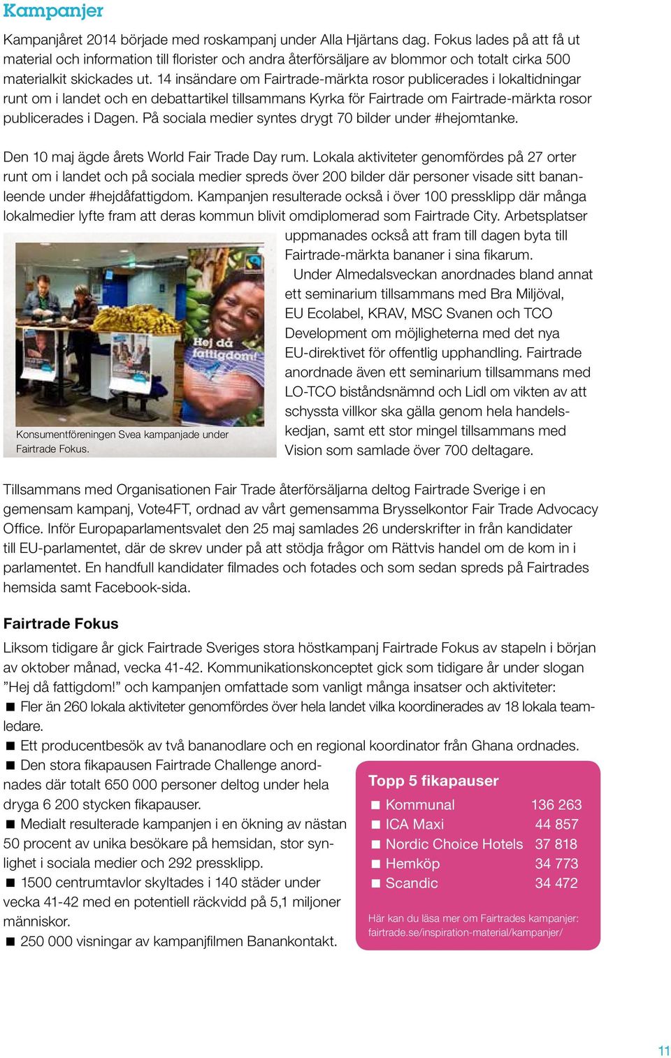 14 insändare om Fairtrade-märkta rosor publicerades i lokaltidningar runt om i landet och en debattartikel tillsammans Kyrka för Fairtrade om Fairtrade-märkta rosor publicerades i Dagen.