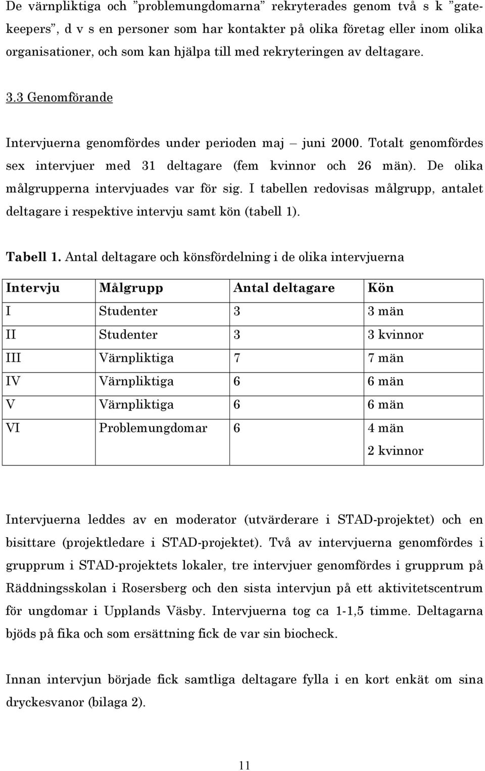 De olika målgrupperna intervjuades var för sig. I tabellen redovisas målgrupp, antalet deltagare i respektive intervju samt kön (tabell 1). Tabell 1.