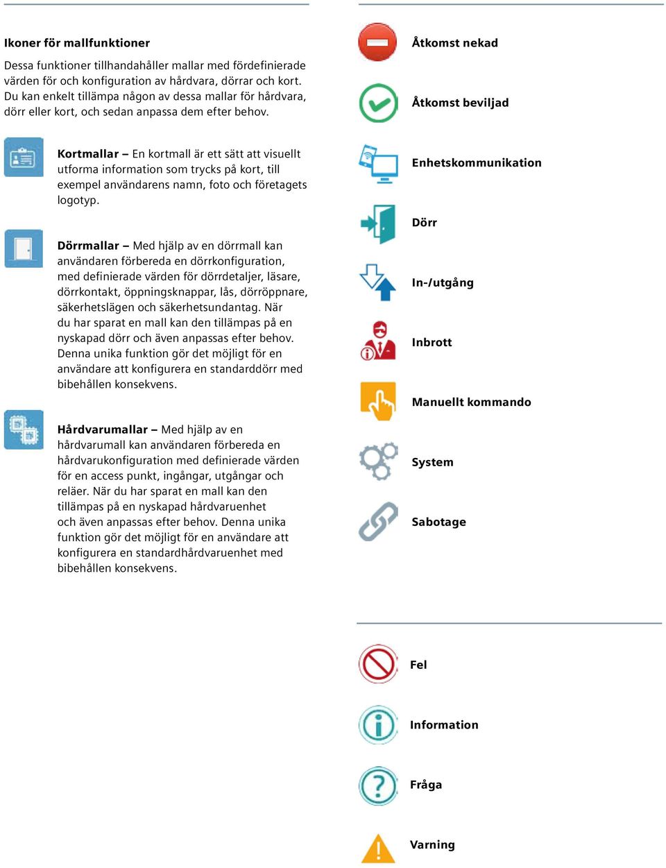 Åtkomst nekad Åtkomst beviljad Kortmallar En kortmall är ett sätt att visuellt utforma information som trycks på kort, till exempel användarens namn, foto och företagets logotyp.