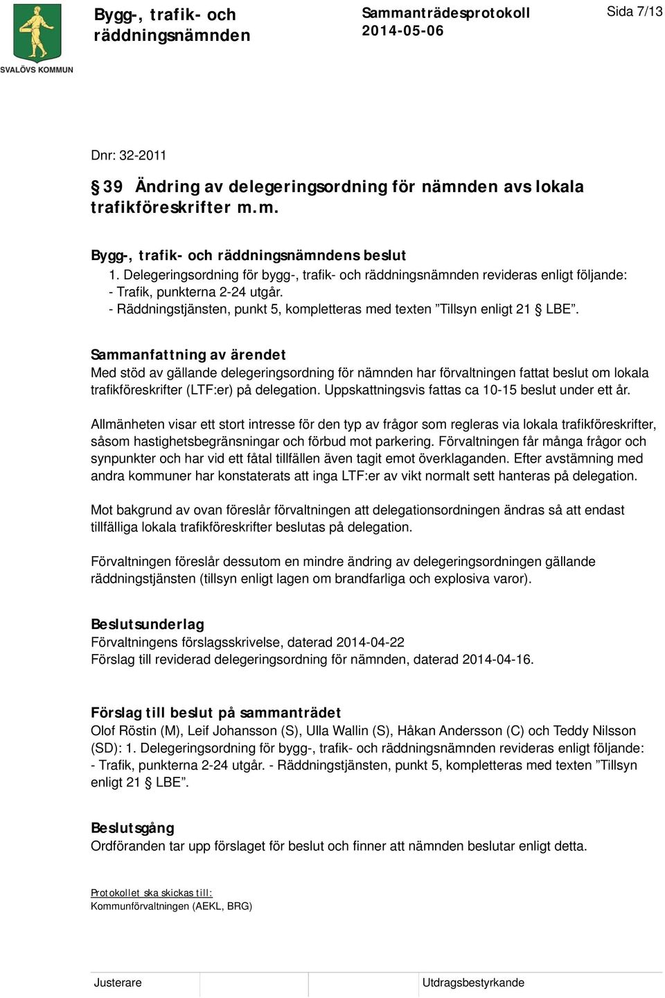 Med stöd av gällande delegeringsordning för nämnden har förvaltningen fattat beslut om lokala trafikföreskrifter (LTF:er) på delegation. Uppskattningsvis fattas ca 10-15 beslut under ett år.