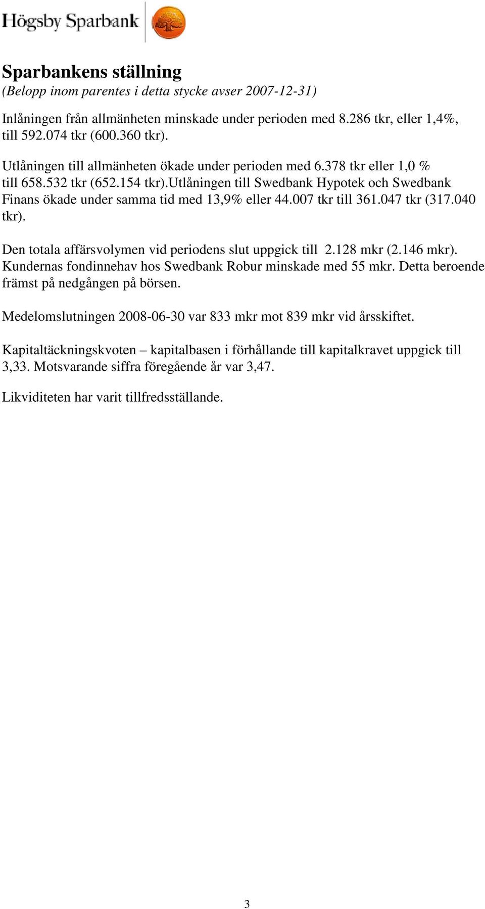 007 tkr till 361.047 tkr (317.040 tkr). Den totala affärsvolymen vid periodens slut uppgick till 2.128 mkr (2.146 mkr). Kundernas fondinnehav hos Swedbank Robur minskade med 55 mkr.
