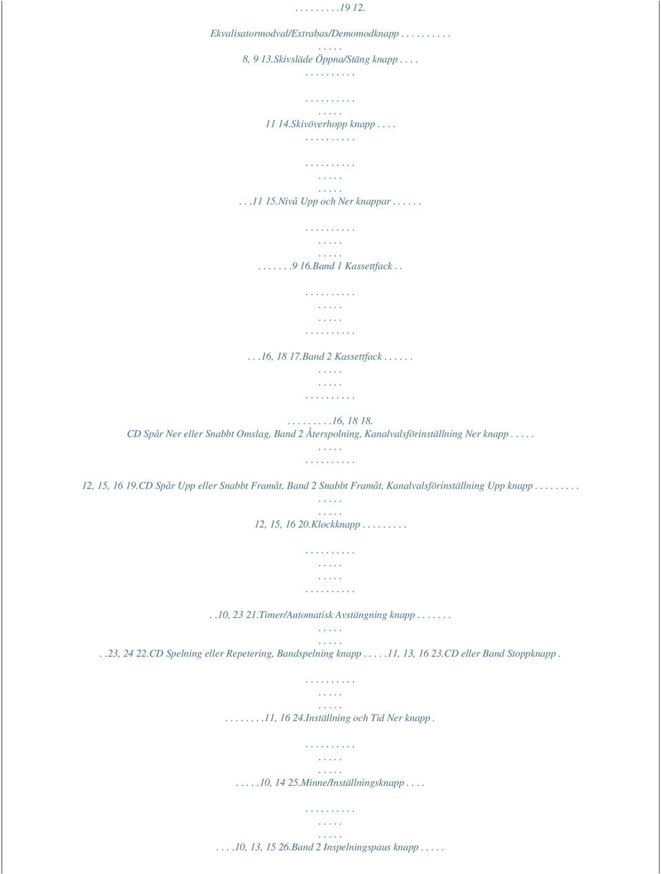 CD Spår Upp eller Snabbt Framåt, Band 2 Snabbt Framåt, Kanalvalsförinställning Upp knapp.... 12, 15, 16 20.Klockknapp......10, 23 21.Timer/Automatisk Avstängning knapp....23, 24 22.