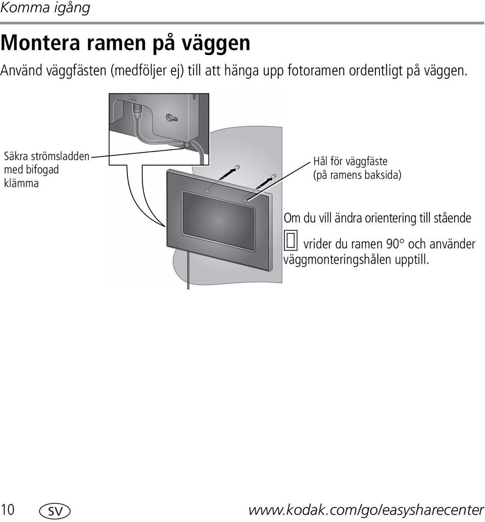 Säkra strömsladden med bifogad klämma Hål för väggfäste (på ramens baksida) Om du