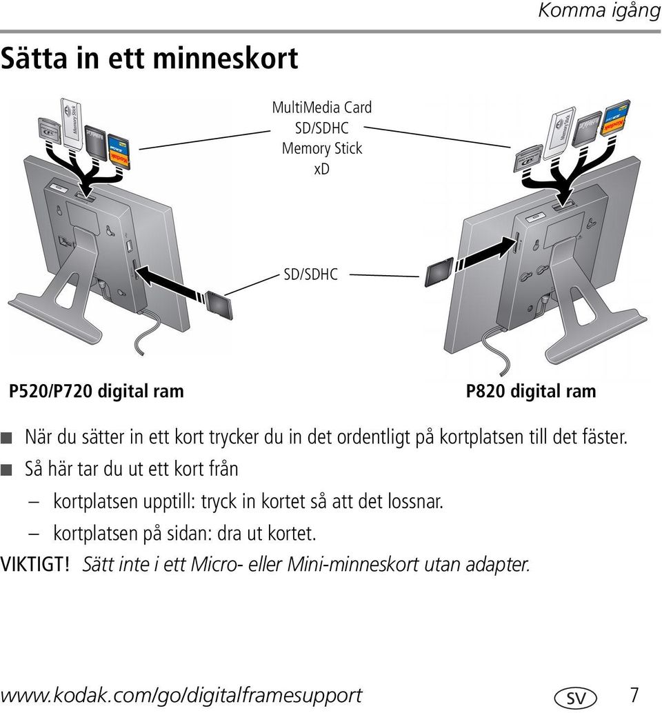 Så här tar du ut ett kort från kortplatsen upptill: tryck in kortet så att det lossnar.