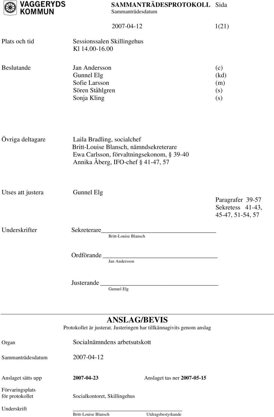 förvaltningsekonom, 39-40 Annika Åberg, IFO-chef 41-47, 57 Utses att justera Gunnel Elg Paragrafer 39-57 Sekretess 41-43, 45-47, 51-54, 57 Underskrifter Sekreterare Britt-Louise Blansch Ordförande