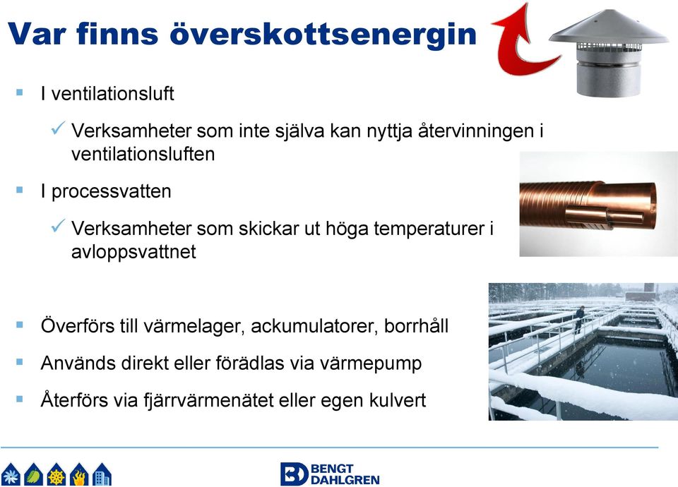 höga temperaturer i avloppsvattnet Överförs till värmelager, ackumulatorer, borrhåll