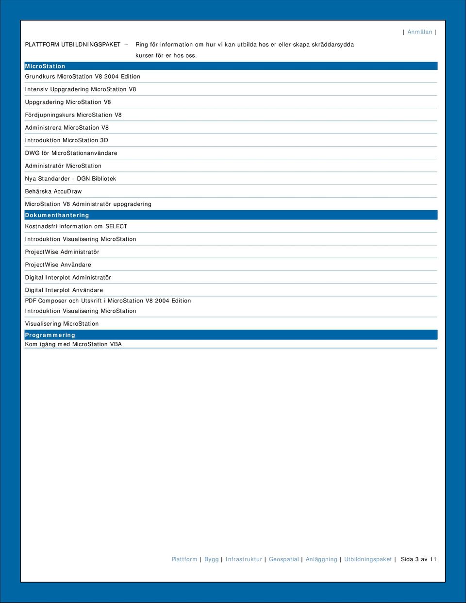 Behärska AccuDraw V8 Administratör uppgradering Dokumenthantering Kostnadsfri information om SELECT Introduktion Visualisering ProjectWise Administratör ProjectWise Användare Digital