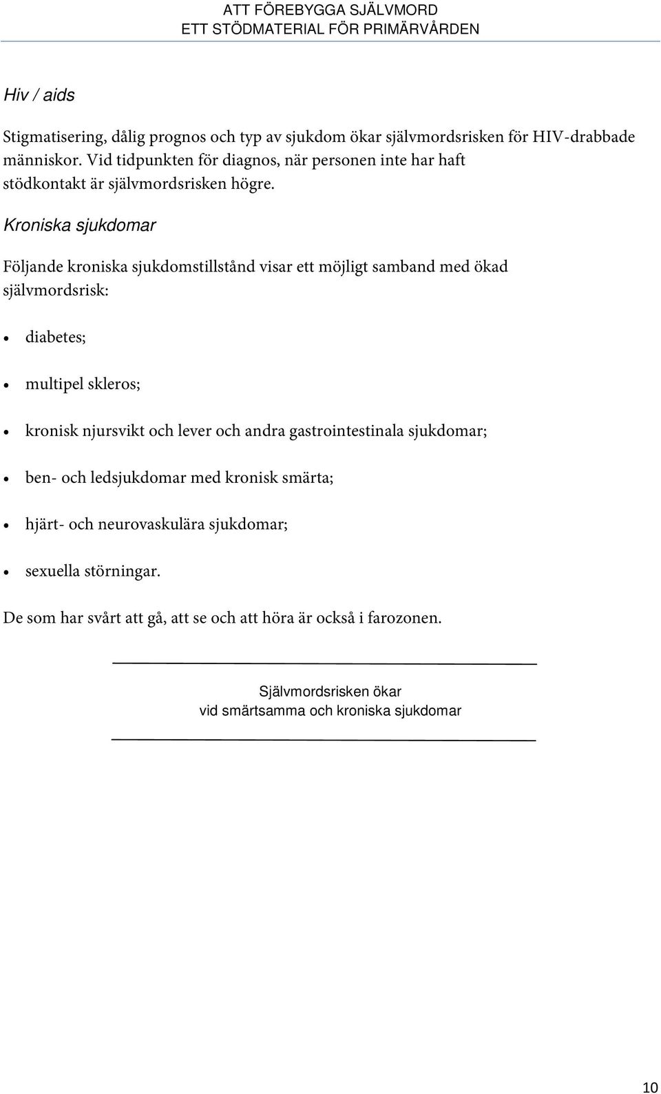 Kroniska sjukdomar Följande kroniska sjukdomstillstånd visar ett möjligt samband med ökad självmordsrisk: diabetes; multipel skleros; kronisk njursvikt och