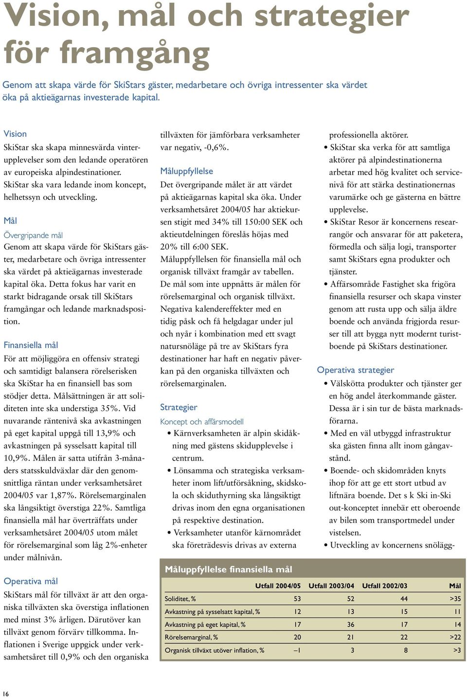 Mål Övergripande mål Genom att skapa värde för SkiStars gäster, medarbetare och övriga intressenter ska värdet på aktieägarnas investerade kapital öka.