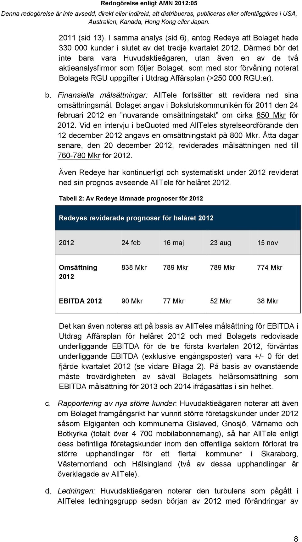 RGU:er). b. Finansiella målsättningar: AllTele fortsätter att revidera ned sina omsättningsmål.