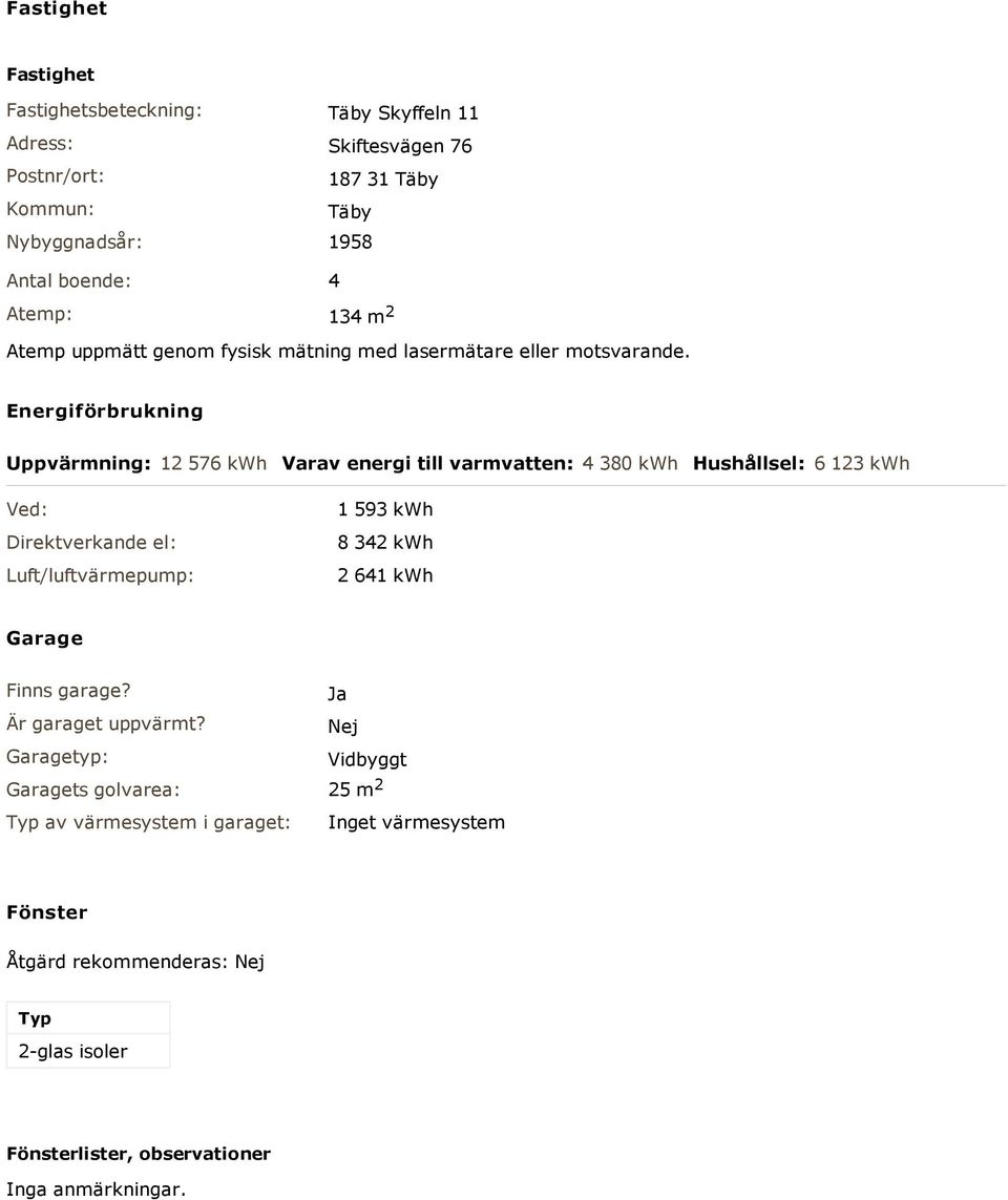 Energiförbrukning Uppvärmning: 12 576 kwh Varav energi till varmvatten: 4 380 kwh Hushållsel: 6 123 kwh Ved: Direktverkande el: Luft/luftvärmepump: 1 593 kwh 8 342