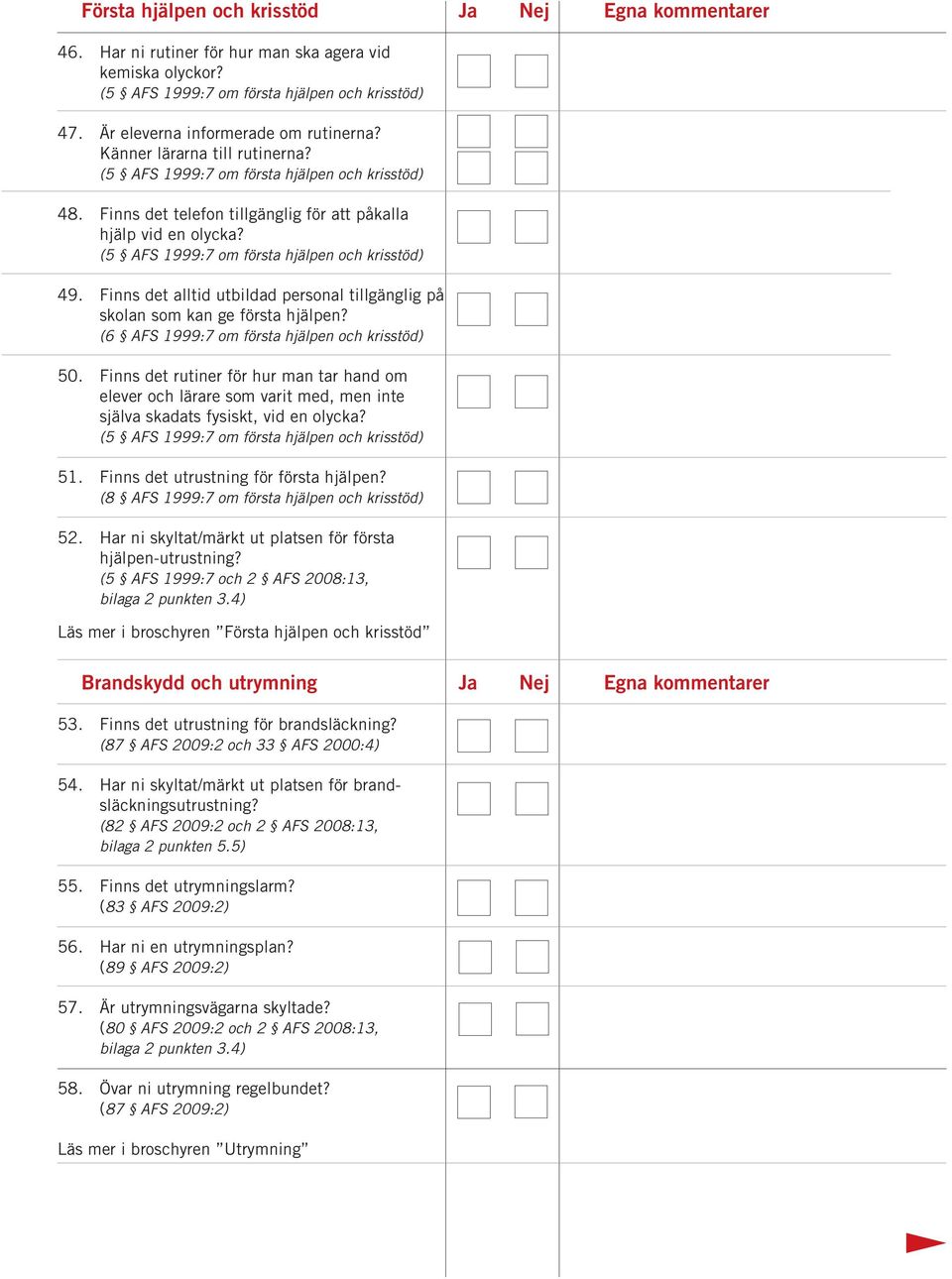 (5 AFS 1999:7 om första hjälpen och krisstöd) 49. Finns det alltid utbildad personal tillgänglig på skolan som kan ge första hjälpen? (6 AFS 1999:7 om första hjälpen och krisstöd) 50.