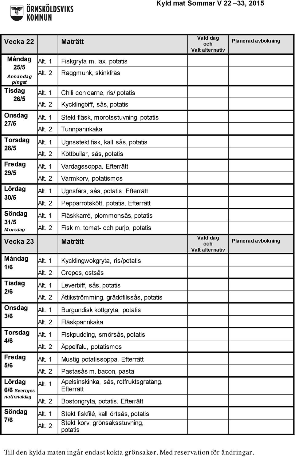 Köttbullar, sås, potatis 29/5 Vardagssoppa. Efterrätt Varmkorv, potatismos 30/5 Ugnsfärs, sås, potatis. Efterrätt Pepparrotskött, potatis.