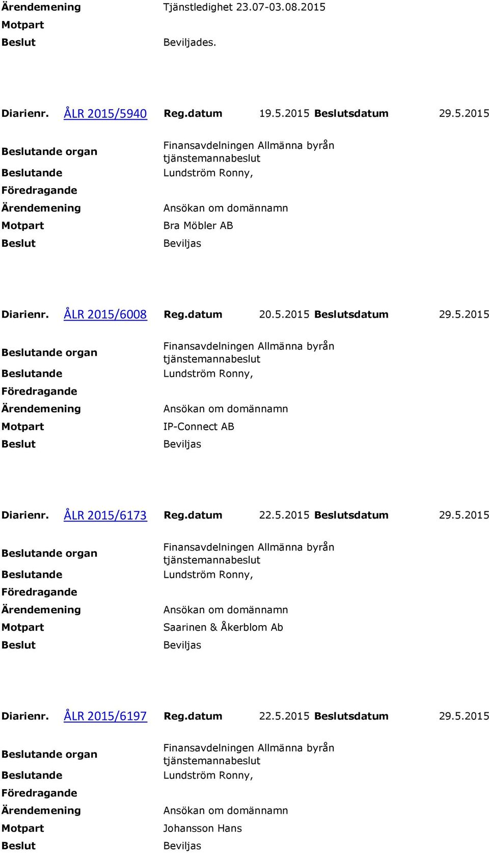 ÅLR 2015/6173 Reg.datum 22.5.2015 sdatum 29.5.2015 Saarinen & Åkerblom Ab Diarienr.