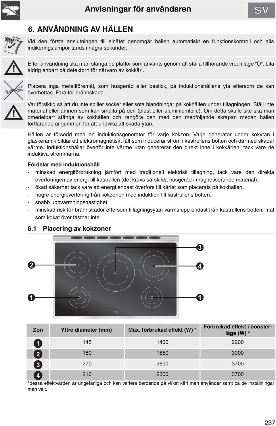 Placera inga metallföremål, som husgeråd eller bestick, på induktionshällens yta eftersom de kan överhettas. Fara för brännskada.