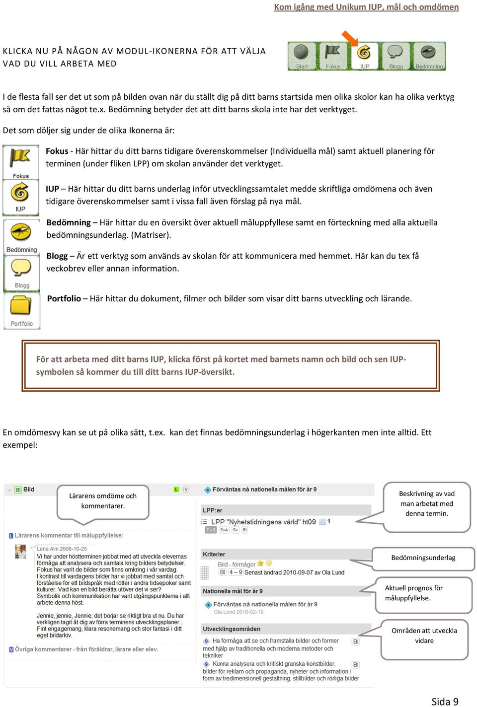 Det som döljer sig under de olika Ikonerna är: Fokus - Här hittar du ditt barns tidigare överenskommelser (Individuella mål) samt aktuell planering för terminen (under fliken LPP) om skolan använder