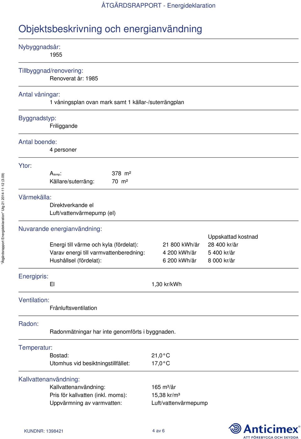 (fördelat): 21 800 kwh/år 28 400 kr/år Varav energi till varmvattenberedning: 4 200 kwh/år 5 400 kr/år Hushållsel (fördelat): 6 200 kwh/år 8 000 kr/år Energipris: El 1,30 kr/kwh Ventilation: