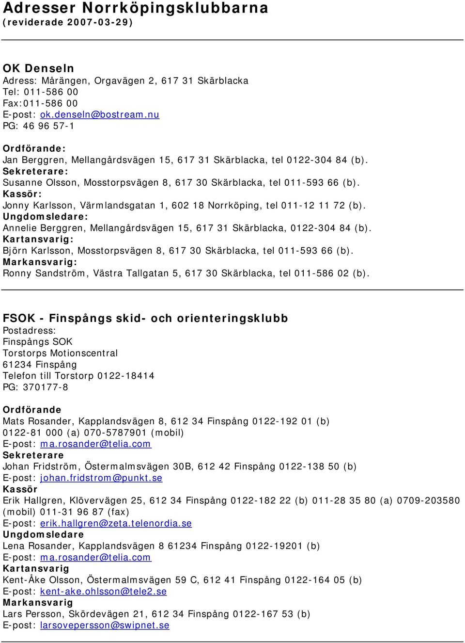 : Jonny Karlsson, Värmlandsgatan 1, 602 18 Norrköping, tel 011-12 11 72 (b). : Annelie Berggren, Mellangårdsvägen 15, 617 31 Skärblacka, 0122-304 84 (b).