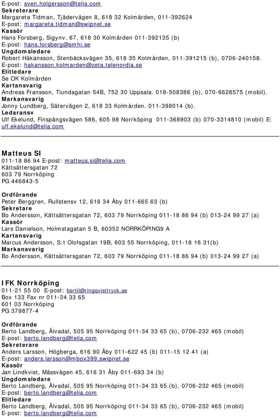 se Se OK Kolmården Andreas Fransson, Tiundagatan 54B, 752 30 Uppsala. 018-508386 (b), 070-6628575 (mobil). Jonny Lundberg, Sätervägen 2, 618 33 Kolmården. 011-398014 (b).
