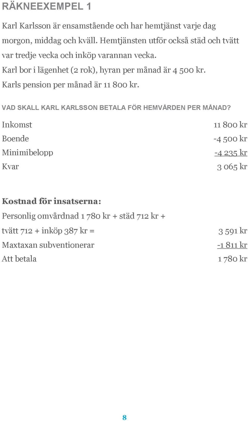 Karls pension per månad är 11 800 kr. VAD SKALL KARL KARLSSON BETALA FÖR HEMVÅRDEN PER MÅNAD?