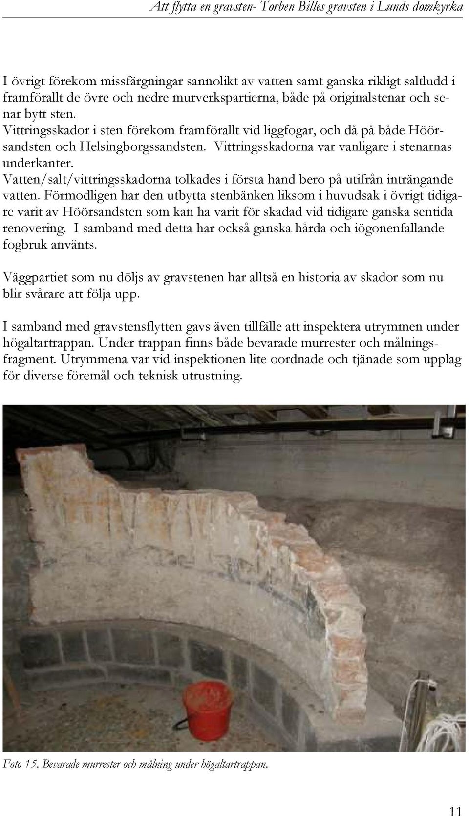 Vittringsskadorna var vanligare i stenarnas underkanter. Vatten/salt/vittringsskadorna tolkades i första hand bero på utifrån inträngande vatten.