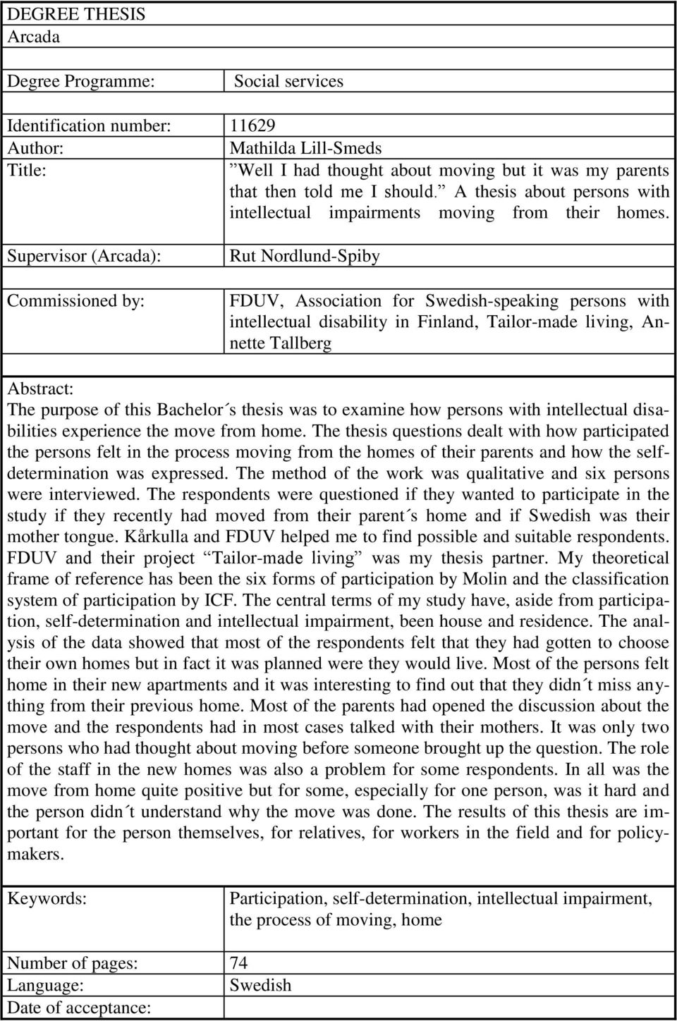 Supervisor (Arcada): Commissioned by: Rut Nordlund-Spiby FDUV, Association for Swedish-speaking persons with intellectual disability in Finland, Tailor-made living, Annette Tallberg Abstract: The