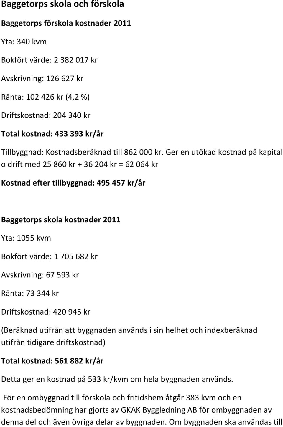 Ger en utökad kostnad på kapital o drift med 25 860 kr + 36 204 kr = 62 064 kr Kostnad efter tillbyggnad: 495 457 kr/år Baggetorps skola kostnader 2011 Yta: 1055 kvm Bokfört värde: 1 705 682 kr