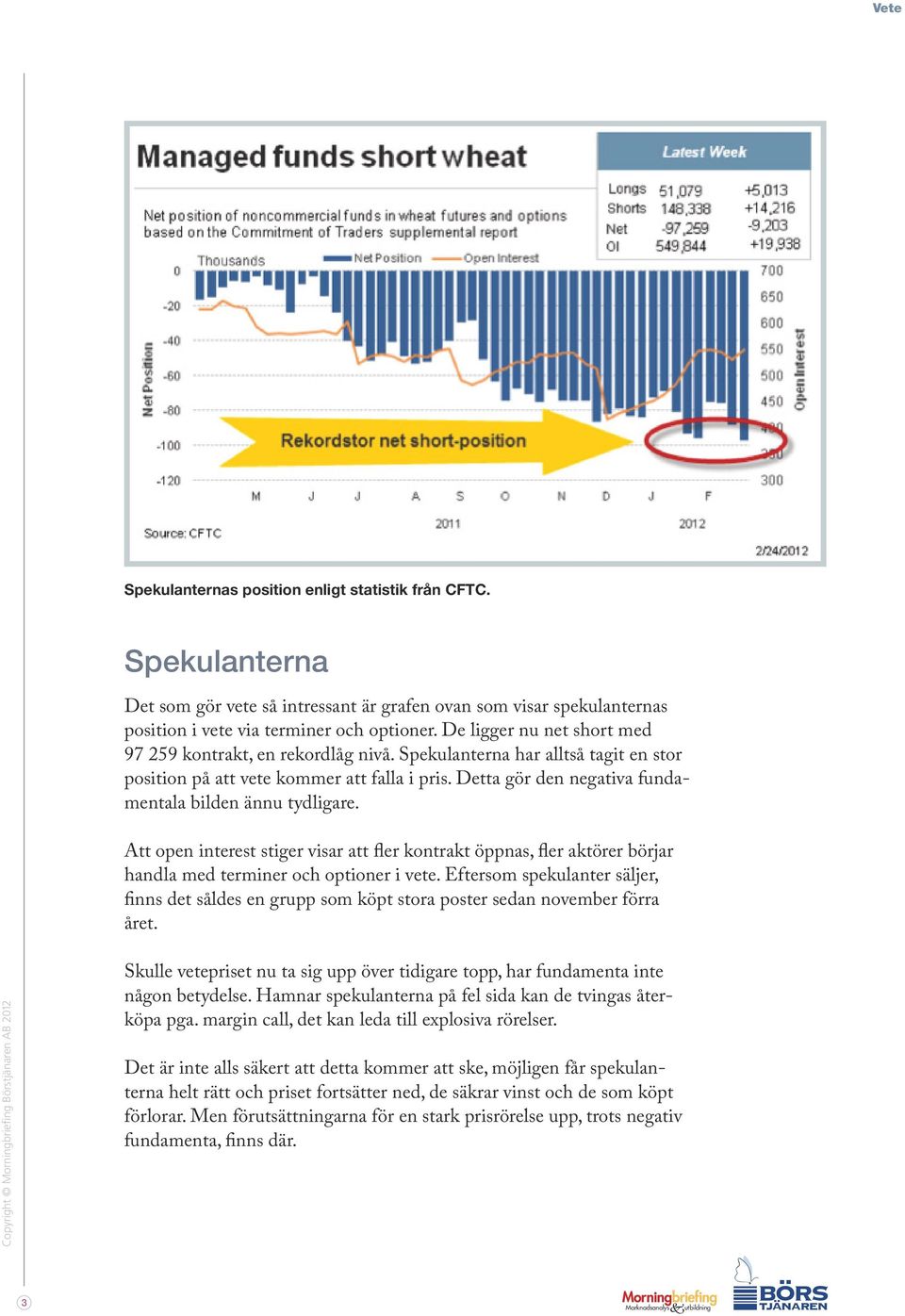 Detta gör den negativa fundamentala bilden ännu tydligare. Att open interest stiger visar att fler kontrakt öppnas, fler aktörer börjar handla med terminer och optioner i vete.