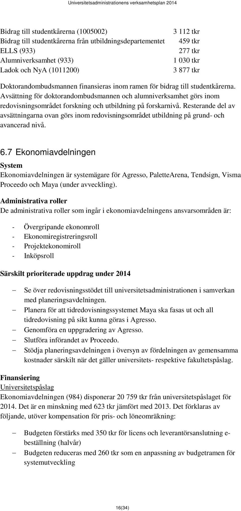 Avsättning för doktorandombudsmannen och alumniverksamhet görs inom redovisningsområdet forskning och utbildning på forskarnivå.