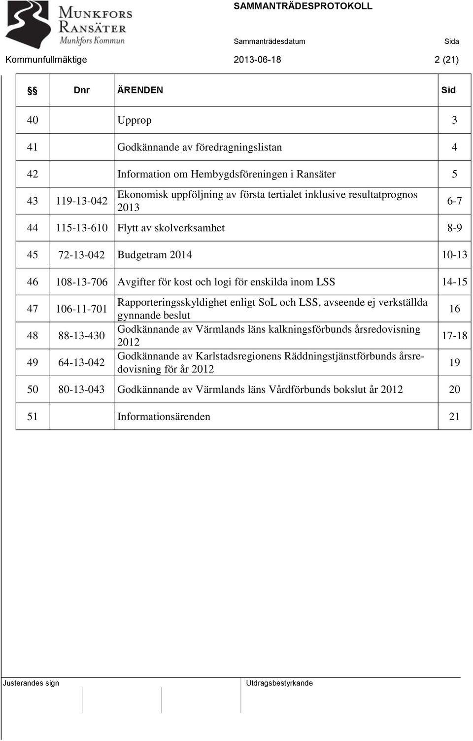 47 106-11-701 48 88-13-430 49 64-13-042 Rapporteringsskyldighet enligt SoL och LSS, avseende ej verkställda gynnande beslut Godkännande av Värmlands läns kalkningsförbunds årsredovisning 2012