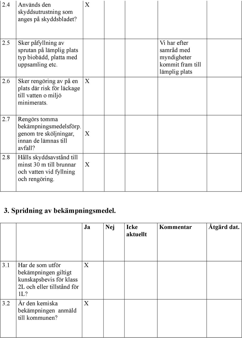 3. Spridning av bekämpningsmedel. 3.1 Har de som utför bekämpningen giltigt kunskapsbevis för klass 2L och eller tillstånd för 1L? 3.2 Är den kemiska bekämpningen anmäld till kommunen?