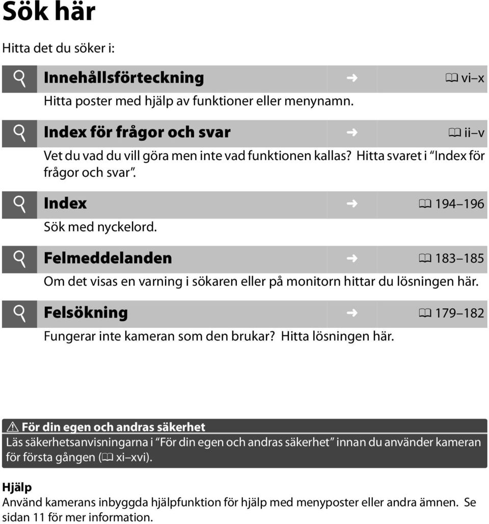 i Felmeddelanden 0 183 185 Om det visas en varning i sökaren eller på monitorn hittar du lösningen här. i Felsökning 0 179 182 Fungerar inte kameran som den brukar? Hitta lösningen här.