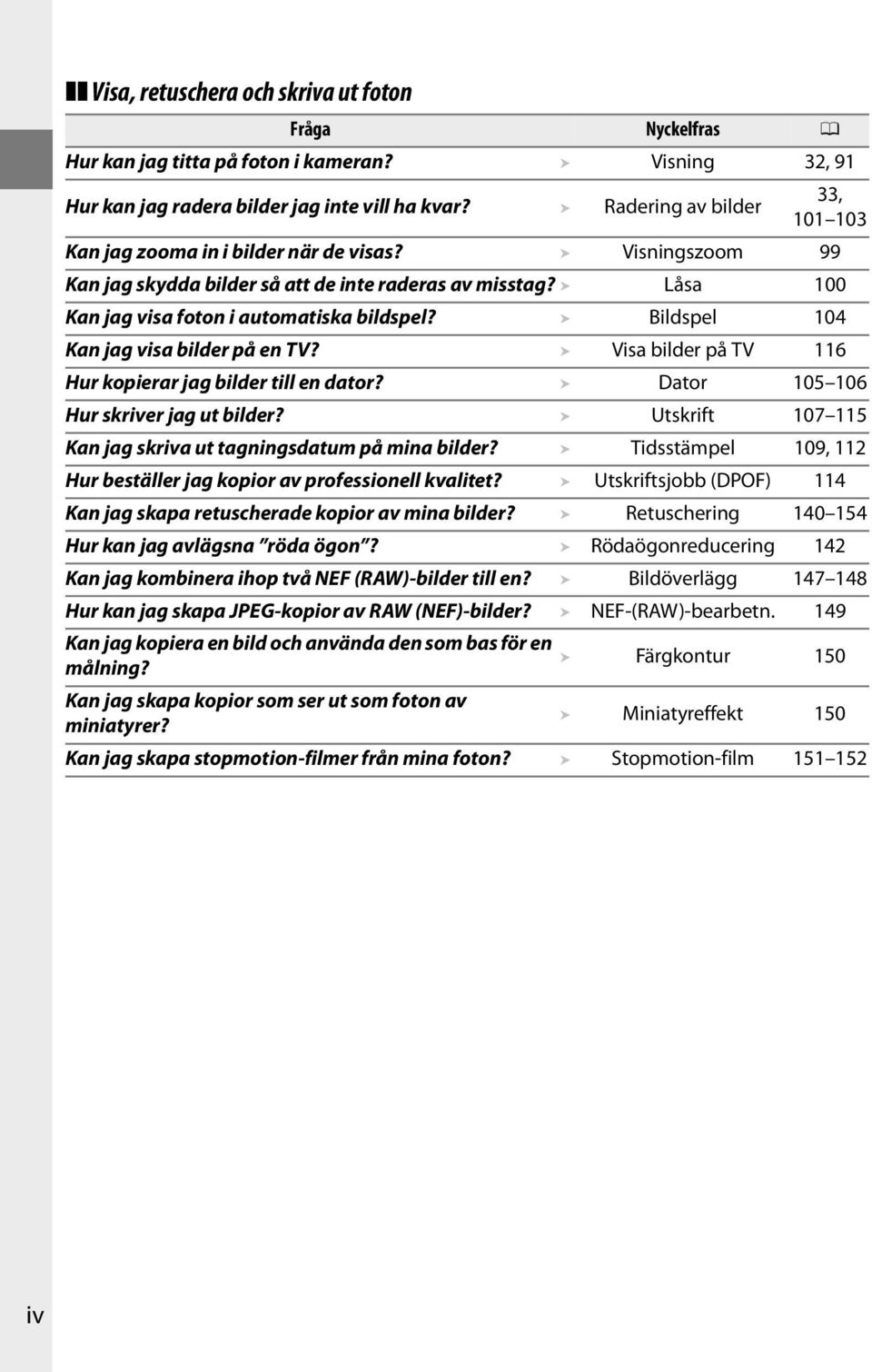 Bildspel 104 Kan jag visa bilder på en TV? Visa bilder på TV 116 Hur kopierar jag bilder till en dator? Dator 105 106 Hur skriver jag ut bilder?