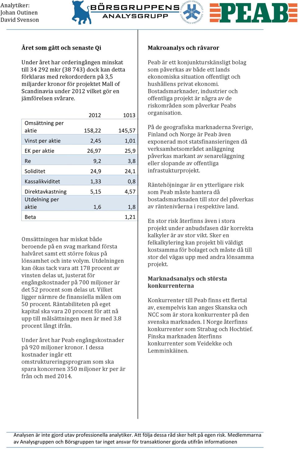 212 113 Omsättning per aktie 158,22 145,57 Vinst per aktie 2,45 1,1 EK per aktie 26,97 25,9 Re 9,2 3,8 Soliditet 24,9 24,1 Kassalikviditet 1,33,8 Direktavkastning 5,15 4,57 Utdelning per aktie 1,6