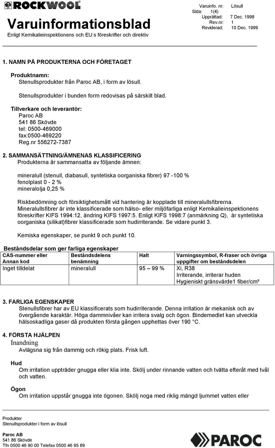 SAMMANSÄTTNING/ÄMNENAS KLASSIFICERING na är sammansatta av följande ämnen: mineralull (stenull, diabasull, syntetiska oorganiska fibrer) 97-100 % fenolplast 0-2 % mineralolja 0,25 % Riskbedömning och