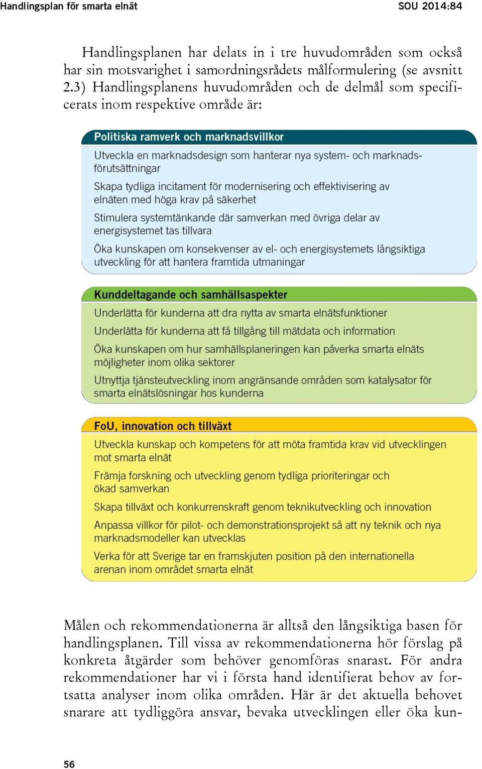 3) Handlingsplanens huvudområden och de delmål som specificerats inom respektive område är: Målen och rekommendationerna är alltså den långsiktiga basen för