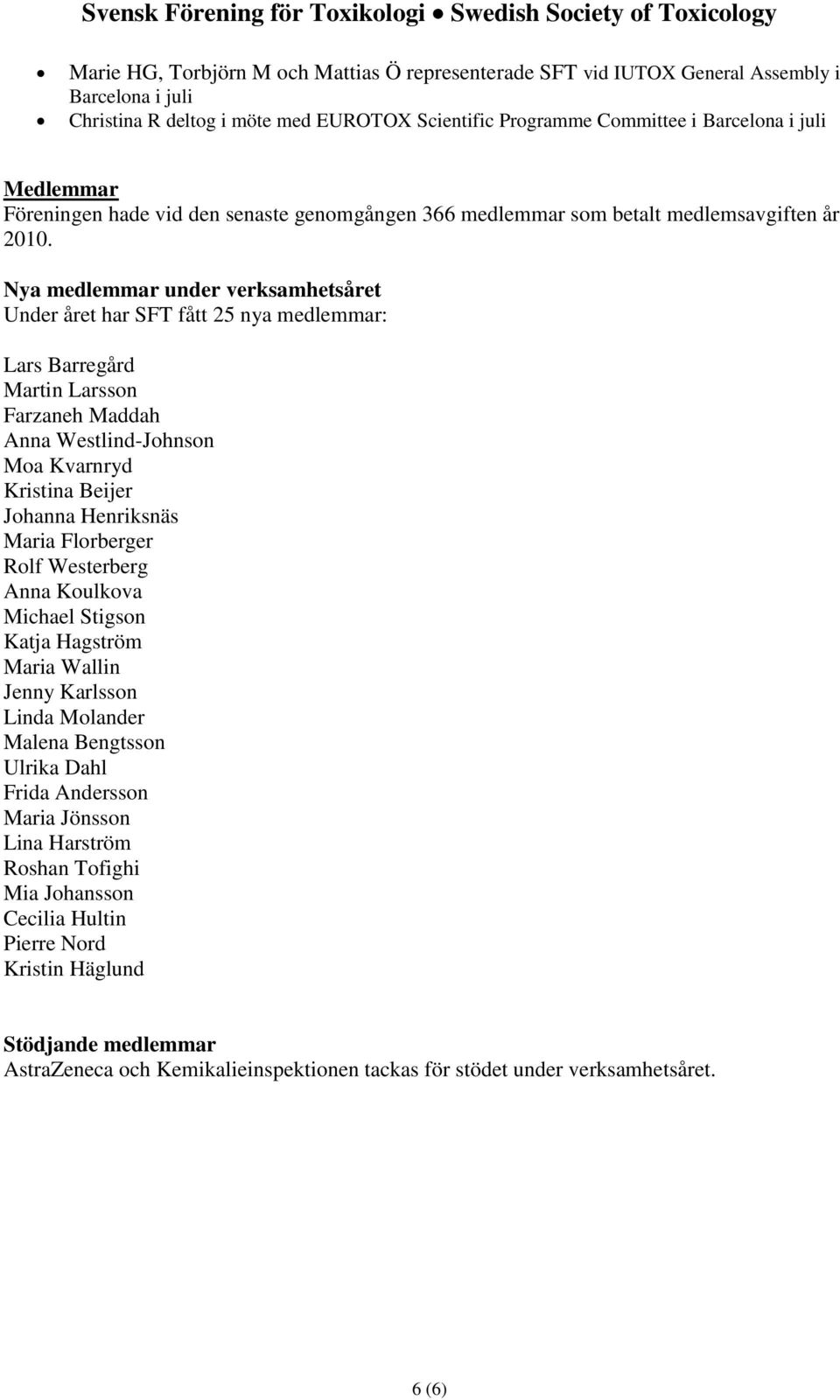 Nya medlemmar under verksamhetsåret Under året har SFT fått 25 nya medlemmar: Lars Barregård Martin Larsson Farzaneh Maddah Anna Westlind-Johnson Moa Kvarnryd Kristina Beijer Johanna Henriksnäs Maria