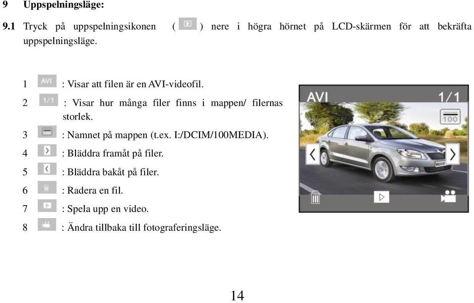 1 : Visar att filen är en AVI-videofil. 2 : Visar hur många filer finns i mappen/ filernas storlek.