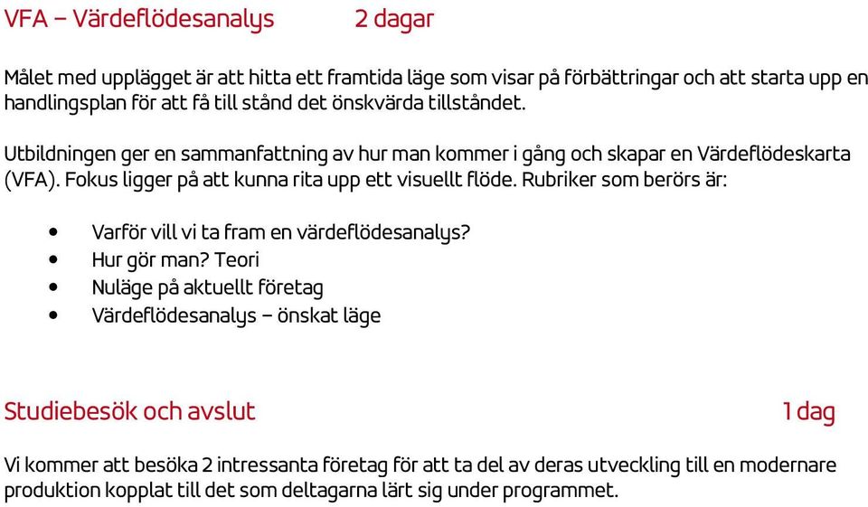 Fokus ligger på att kunna rita upp ett visuellt flöde. Rubriker som berörs är: Varför vill vi ta fram en värdeflödesanalys? Hur gör man?